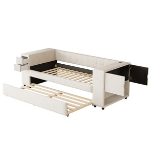 HomeRoots Beige Tufted Velvet Day Bed with Trundle – Elegant Twin Bed for Guests, Stylish & Comfortable Design 592817