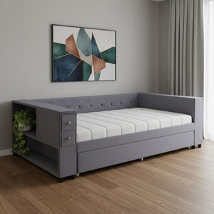 HomeRoots Gray Tufted Velvet Twin Day Bed with Trundle – Elegant Versatile Seating for Guest Rooms & More 592818
