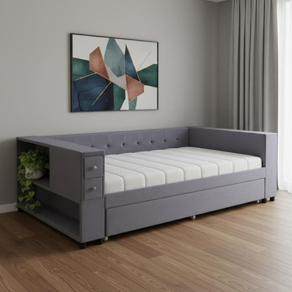 HomeRoots Gray Tufted Velvet Twin Day Bed with Trundle – Elegant Versatile Seating for Guest Rooms & More 592818