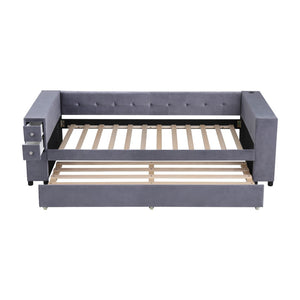 HomeRoots Gray Tufted Velvet Twin Day Bed with Trundle – Elegant Versatile Seating for Guest Rooms & More 592818