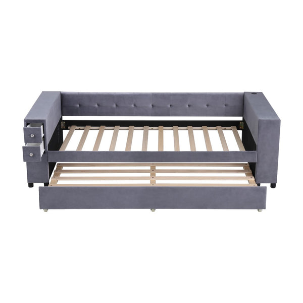 HomeRoots Gray Tufted Velvet Twin Day Bed with Trundle – Elegant Versatile Seating for Guest Rooms & More 592818