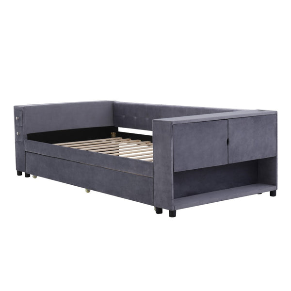HomeRoots Gray Tufted Velvet Twin Day Bed with Trundle – Elegant Versatile Seating for Guest Rooms & More 592818