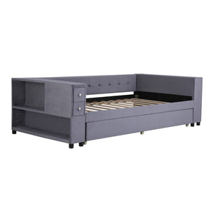 HomeRoots Gray Tufted Velvet Twin Day Bed with Trundle – Elegant Versatile Seating for Guest Rooms & More 592818