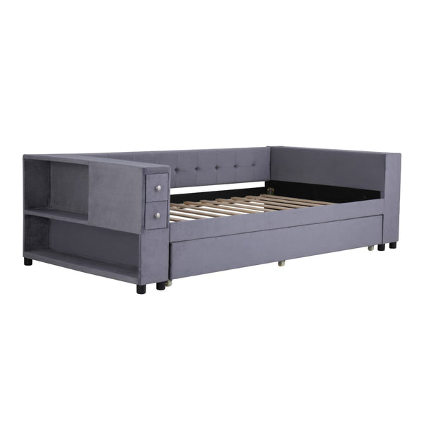 HomeRoots Gray Tufted Velvet Twin Day Bed with Trundle – Elegant Versatile Seating for Guest Rooms & More 592818