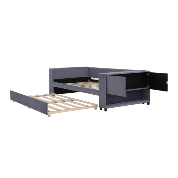 HomeRoots Gray Tufted Velvet Twin Day Bed with Trundle – Elegant Versatile Seating for Guest Rooms & More 592818
