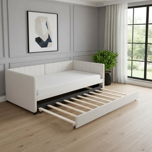 HomeRoots Beige Tufted Upholstered Twin Day Bed with Trundle - Versatile Sofa & Bed Combo for Any Space 592827