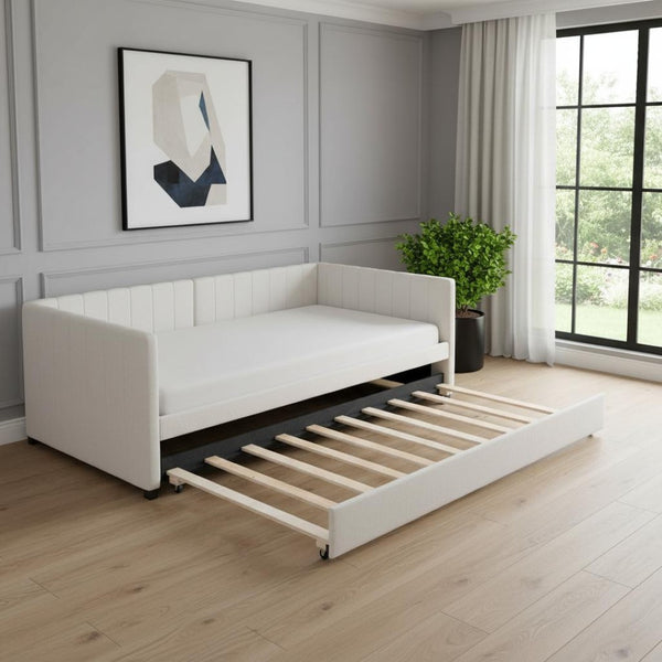 HomeRoots Beige Tufted Upholstered Twin Day Bed with Trundle - Versatile Sofa & Bed Combo for Any Space 592827