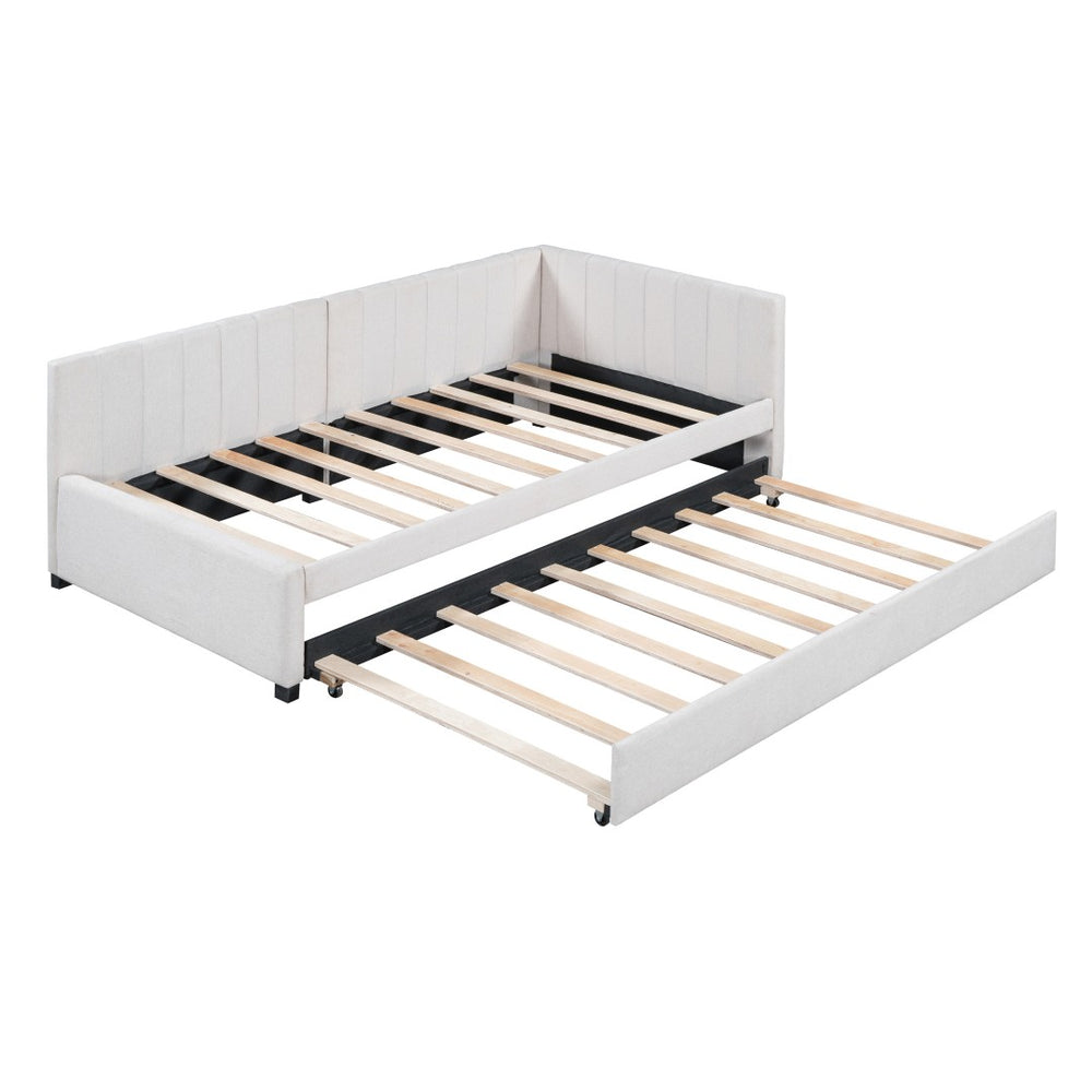 HomeRoots Beige Tufted Upholstered Twin Day Bed with Trundle - Versatile Sofa & Bed Combo for Any Space 592827