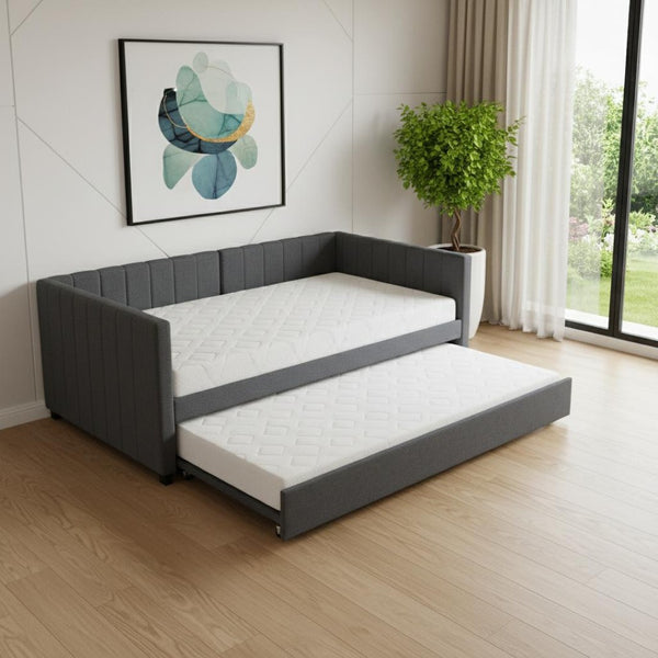 HomeRoots Gray Tufted Upholstered Twin Day Bed with Trundle – Versatile Seating & Cozy Sleep Solution for Any Room 592828