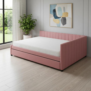 HomeRoots Pink Tufted Upholstered Twin Day Bed with Trundle - Stylish Seating & Sleeping Solution for All Ages 592829