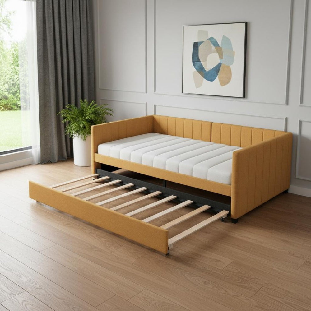 HomeRoots Yellow Tufted Day Bed with Trundle: Stylish Twin Bed for Small Spaces, Guest Rooms, and Offices 592830