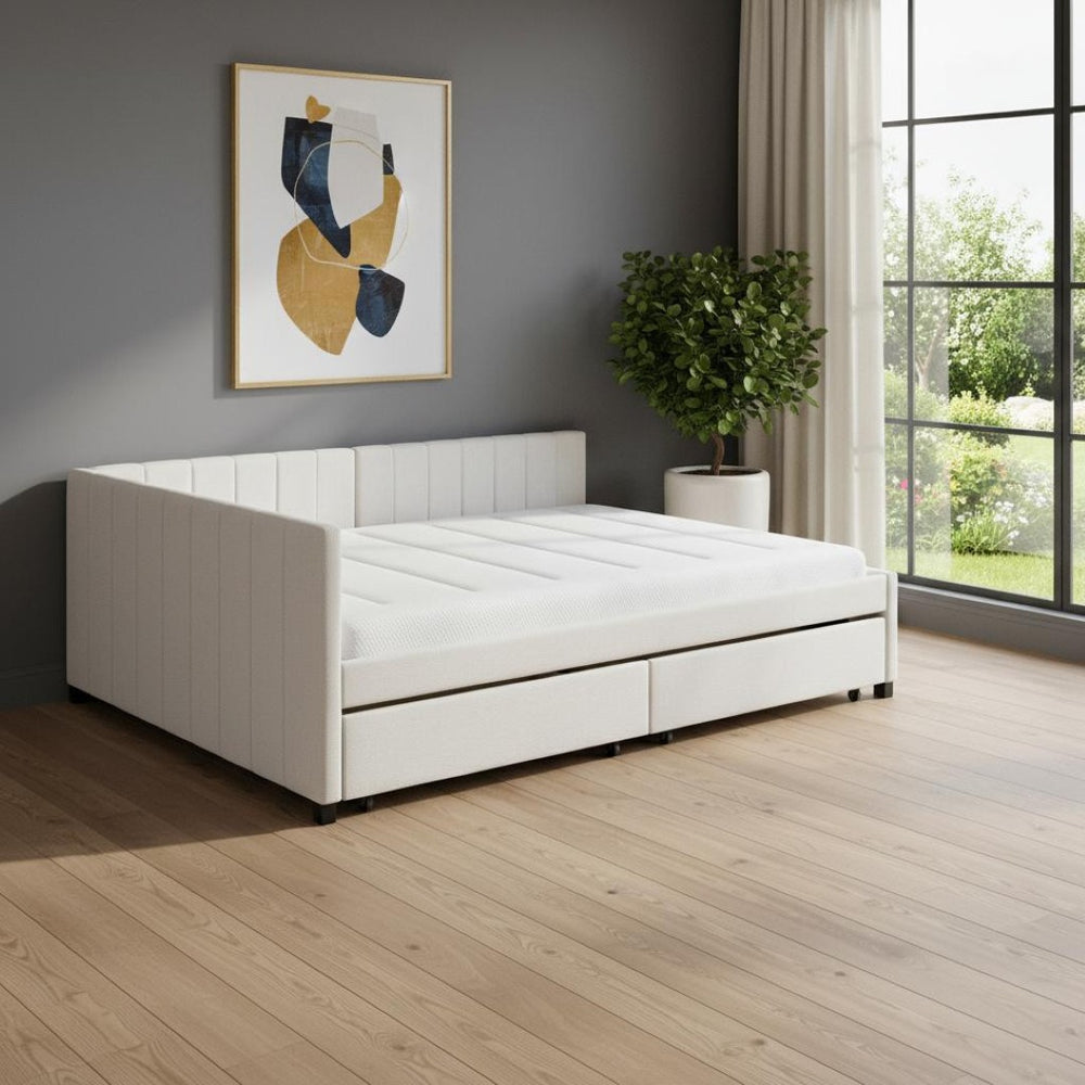 HomeRoots Beige Tufted Upholstered Full Day Bed with Drawers - Stylish Seating & Cozy Sleeping Solution! 592831