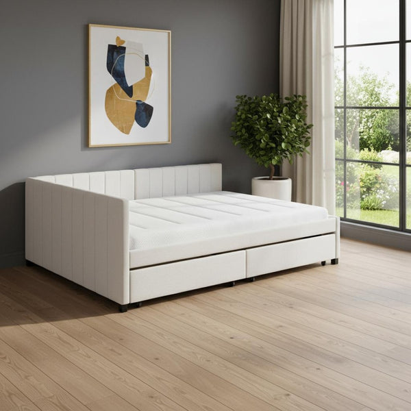 HomeRoots Beige Tufted Upholstered Full Day Bed with Drawers - Stylish Seating & Cozy Sleeping Solution! 592831