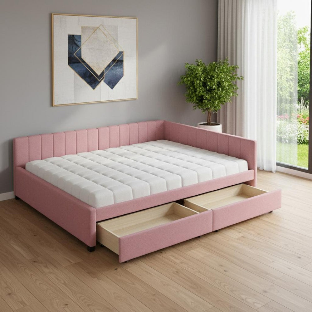HomeRoots Pink Tufted Upholstered Full Day Bed with Drawers – Chic, Space-Saving Design for Modern Living Spaces 592833