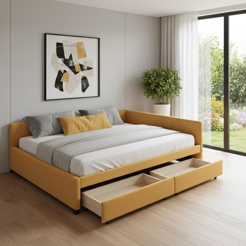 HomeRoots Yellow Tufted Upholstered Full Day Bed with Storage Drawers - Versatile Design for Any Room 592834
