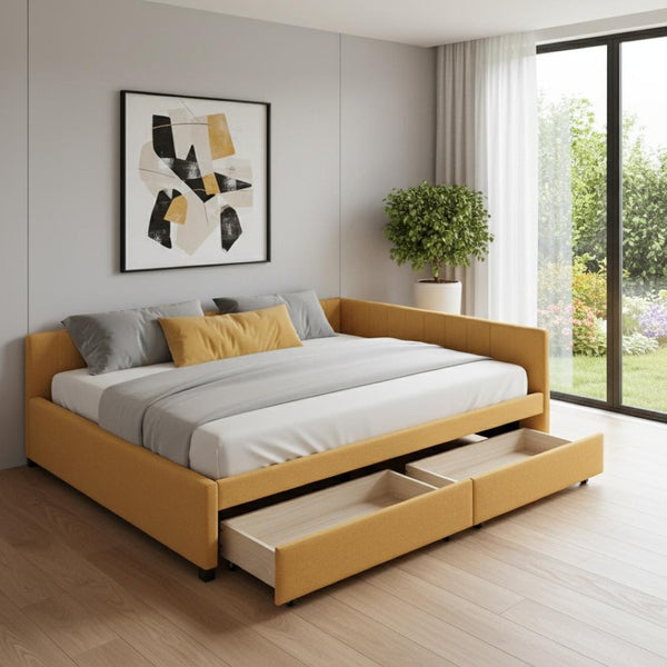 HomeRoots Yellow Tufted Upholstered Full Day Bed with Storage Drawers - Versatile Design for Any Room 592834