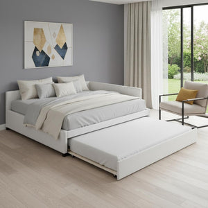 HomeRoots Beige Tufted Upholstered Full Bed Frame with Trundle - Elegant Design for Comfort and Style! 592835