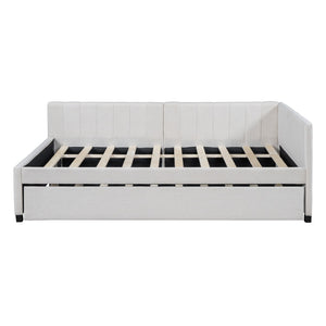 HomeRoots Beige Tufted Upholstered Full Bed Frame with Trundle - Elegant Design for Comfort and Style! 592835