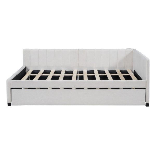 HomeRoots Beige Tufted Upholstered Full Bed Frame with Trundle - Elegant Design for Comfort and Style! 592835