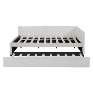HomeRoots Beige Tufted Upholstered Full Bed Frame with Trundle - Elegant Design for Comfort and Style! 592835