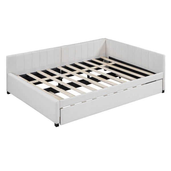 HomeRoots Beige Tufted Upholstered Full Bed Frame with Trundle - Elegant Design for Comfort and Style! 592835