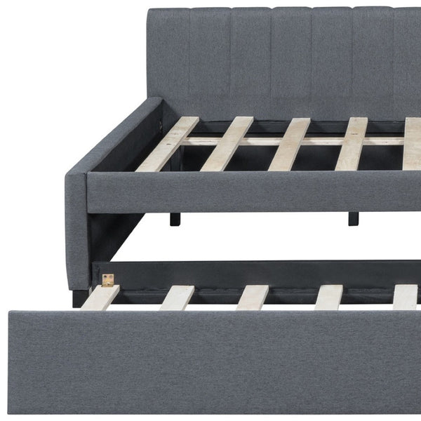HomeRoots Gray Tufted Upholstered Full Bed Frame with Trundle – Modern Style, Space-Saving Design & Comfort 592836