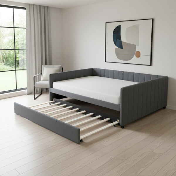 HomeRoots Gray Tufted Upholstered Full Bed Frame with Trundle – Modern Style, Space-Saving Design & Comfort 592836