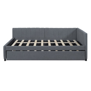 HomeRoots Gray Tufted Upholstered Full Bed Frame with Trundle – Modern Style, Space-Saving Design & Comfort 592836