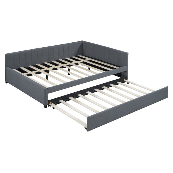 HomeRoots Gray Tufted Upholstered Full Bed Frame with Trundle – Modern Style, Space-Saving Design & Comfort 592836