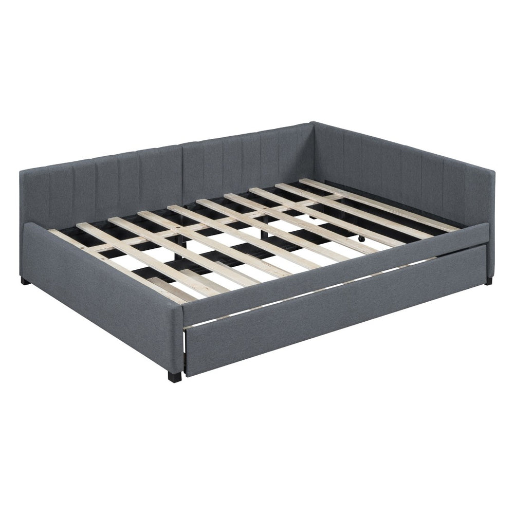 HomeRoots Gray Tufted Upholstered Full Bed Frame with Trundle – Modern Style, Space-Saving Design & Comfort 592836