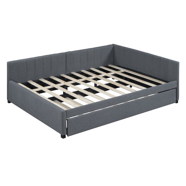 HomeRoots Gray Tufted Upholstered Full Bed Frame with Trundle – Modern Style, Space-Saving Design & Comfort 592836
