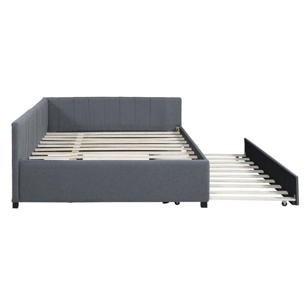 HomeRoots Gray Tufted Upholstered Full Bed Frame with Trundle – Modern Style, Space-Saving Design & Comfort 592836