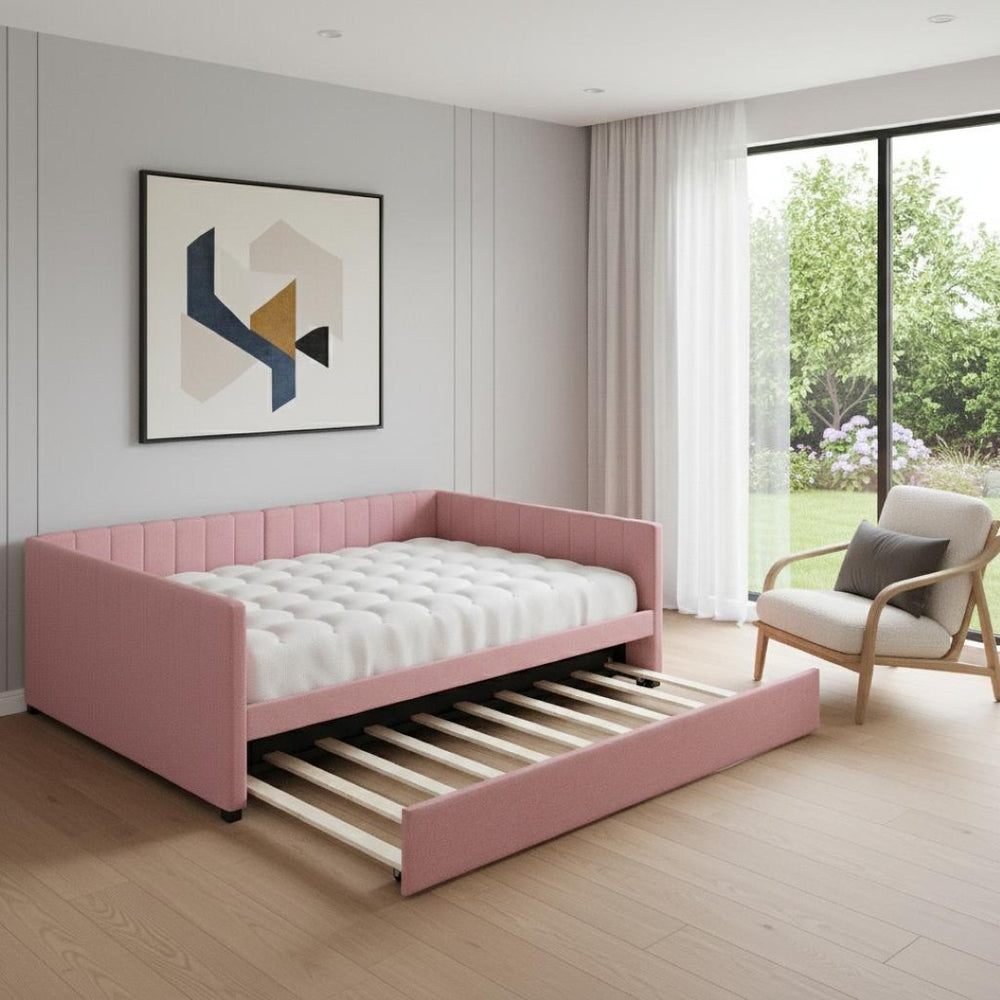HomeRoots Pink Tufted Upholstered Full Bed Frame with Trundle - Stylish, Space-Saving Design for Modern Bedrooms 592837