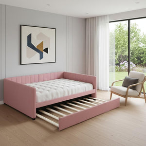 HomeRoots Pink Tufted Upholstered Full Bed Frame with Trundle - Stylish, Space-Saving Design for Modern Bedrooms 592837