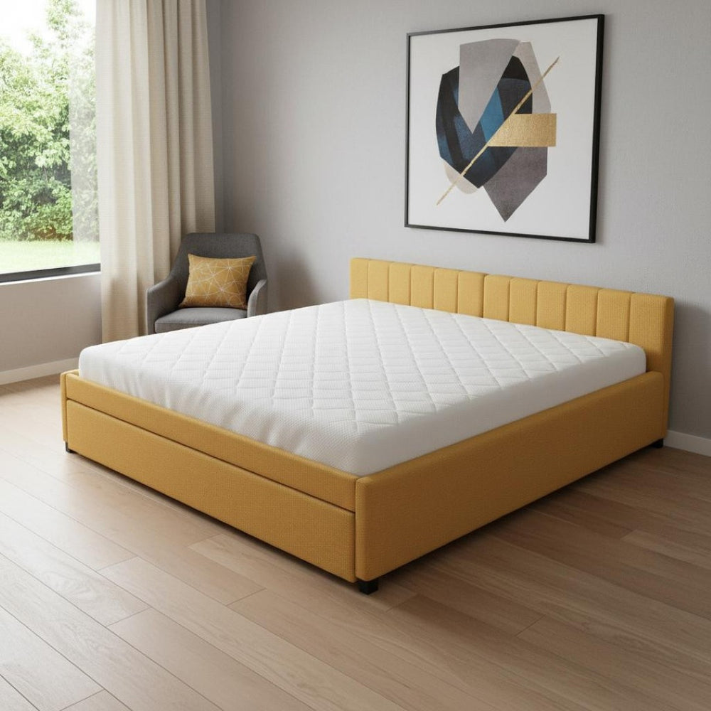 HomeRoots Yellow Tufted Upholstered Full Bed Frame with Pull-Out Trundle – Stylish, Cozy & Space-Saving Design! 592838