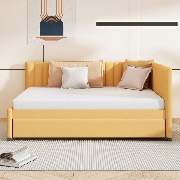 HomeRoots Yellow Tufted Upholstered Full Bed Frame with Pull-Out Trundle – Stylish, Cozy & Space-Saving Design! 592838