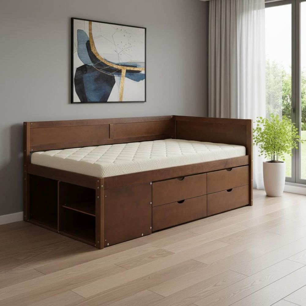HomeRoots Walnut Twin Day Bed with Drawers - Elegant Solid Wood Design for Versatile Seating & Sleeping Solutions 592844