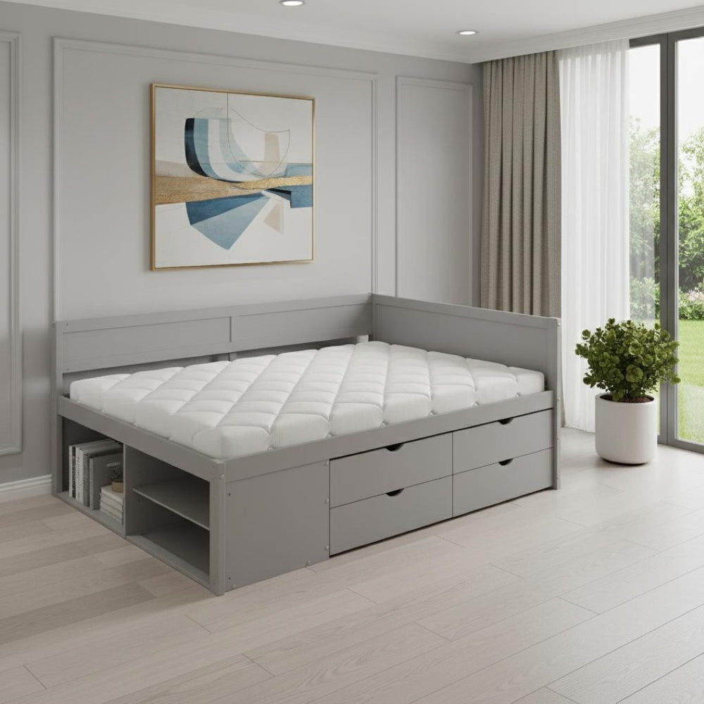 HomeRoots Gray Wood Full Daybed with Drawers - Stylish, Versatile Seating & Sleeping Solution for Any Room 592848
