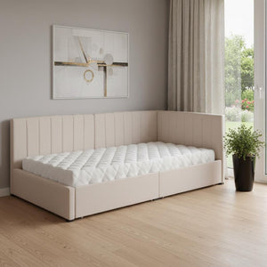 HomeRoots Beige Tufted Upholstered Twin Day Bed with Storage Drawers - Stylish Comfort for Any Space 592850