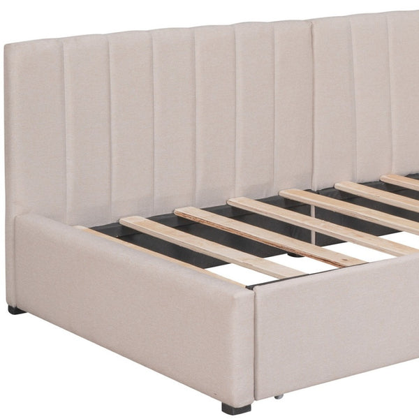 HomeRoots Beige Tufted Upholstered Twin Day Bed with Storage Drawers - Stylish Comfort for Any Space 592850