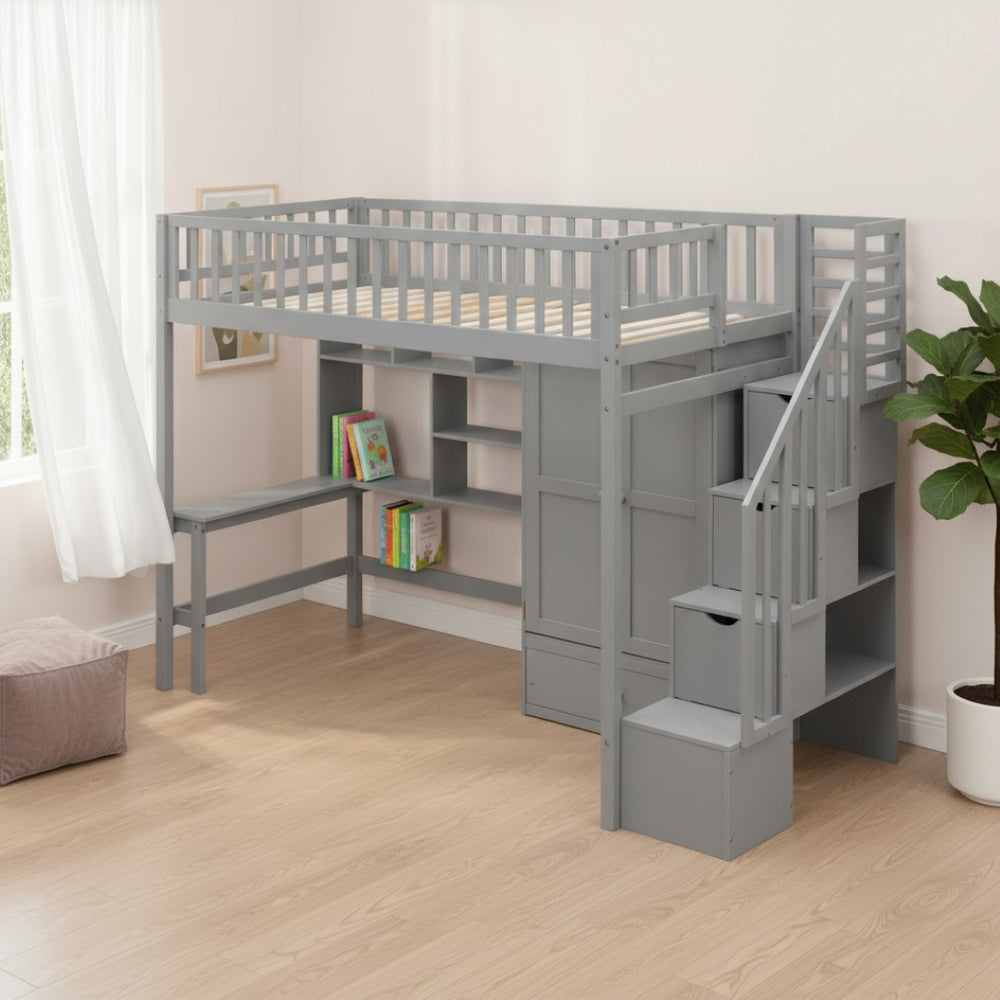 HomeRoots Gray Four Poster Twin Loft Bed with Desk and Shelving - Stylish, Space-Saving Furniture Solution! 592854