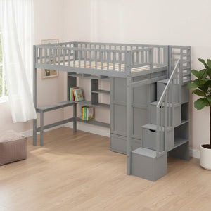 HomeRoots Gray Four Poster Twin Loft Bed with Desk and Shelving - Stylish, Space-Saving Furniture Solution! 592854