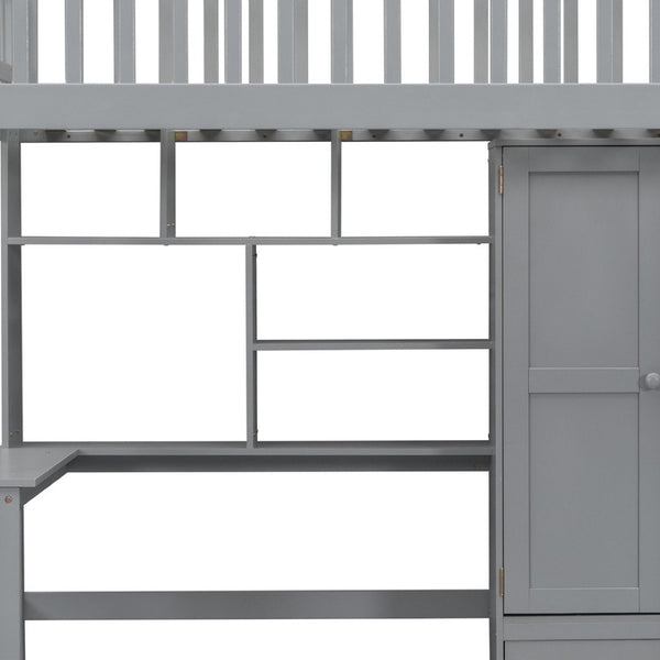 HomeRoots Gray Four Poster Twin Loft Bed with Desk and Shelving - Stylish, Space-Saving Furniture Solution! 592854