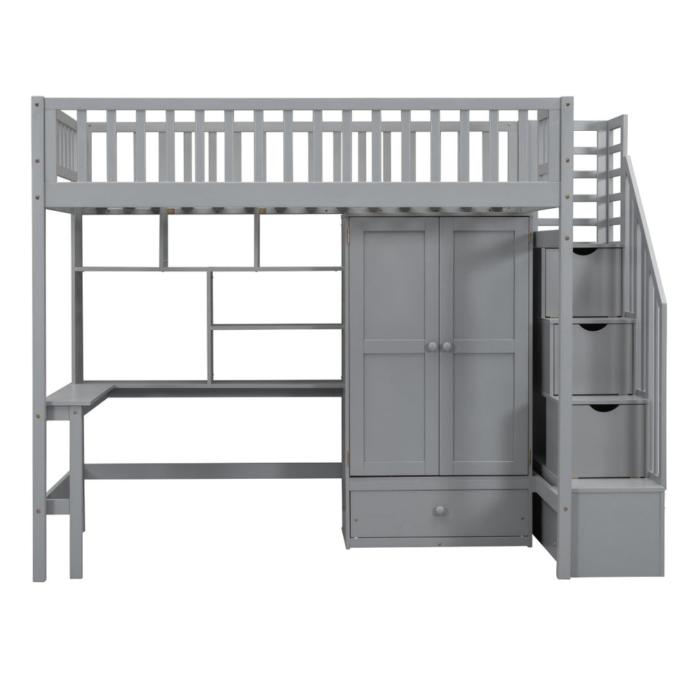 HomeRoots Gray Four Poster Twin Loft Bed with Desk and Shelving - Stylish, Space-Saving Furniture Solution! 592854