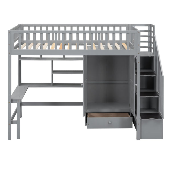 HomeRoots Gray Four Poster Twin Loft Bed with Desk and Shelving - Stylish, Space-Saving Furniture Solution! 592854