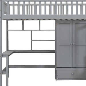 HomeRoots Gray Four Poster Twin Loft Bed with Desk and Shelving - Stylish, Space-Saving Furniture Solution! 592854