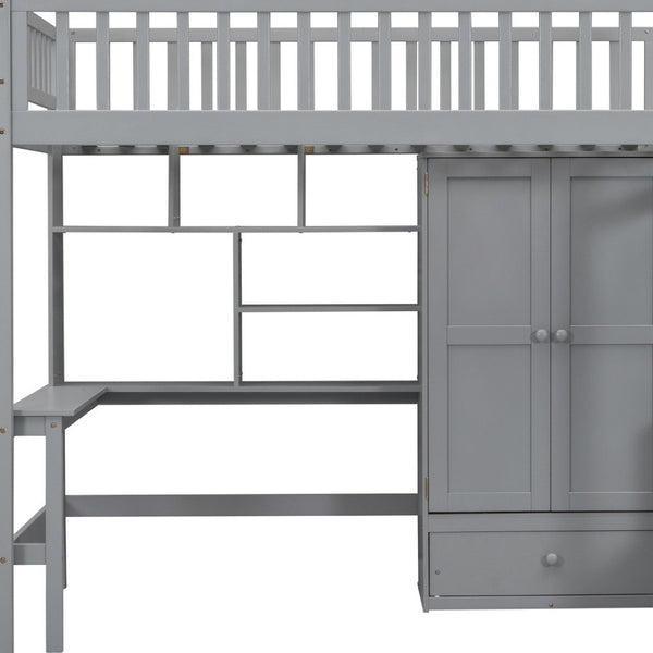 HomeRoots Gray Four Poster Twin Loft Bed with Desk and Shelving - Stylish, Space-Saving Furniture Solution! 592854
