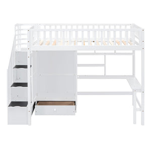 HomeRoots White Four Poster Twin Loft Bed with Integrated Desk, Shelves & Space-Saving Design for Kids' Rooms 592855