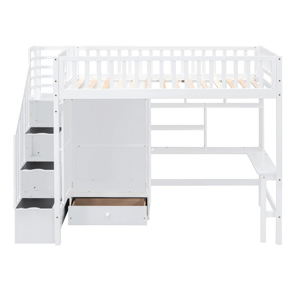 HomeRoots White Four Poster Twin Loft Bed with Integrated Desk, Shelves & Space-Saving Design for Kids' Rooms 592855
