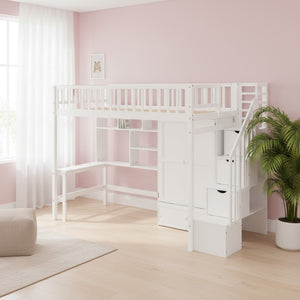 HomeRoots White Four Poster Twin Loft Bed with Integrated Desk, Shelves & Space-Saving Design for Kids' Rooms 592855